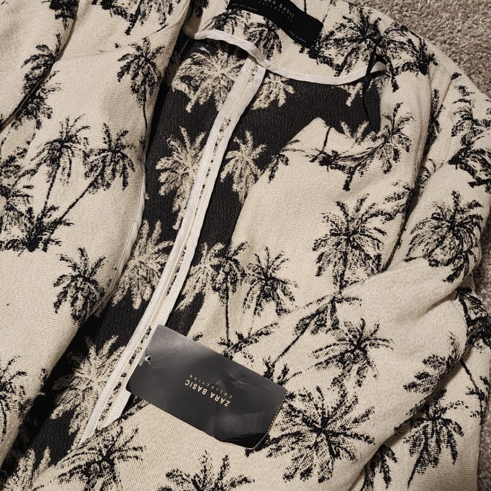 Zara Basic Collection Ivory Black Palm Tree Jacquard jacket blazer size large - Picture 6 of 6